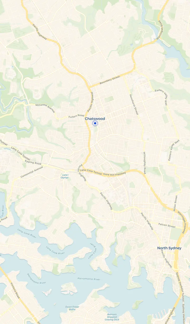 Map of the Chatswood service area and the surrounding suburbs we cover.
