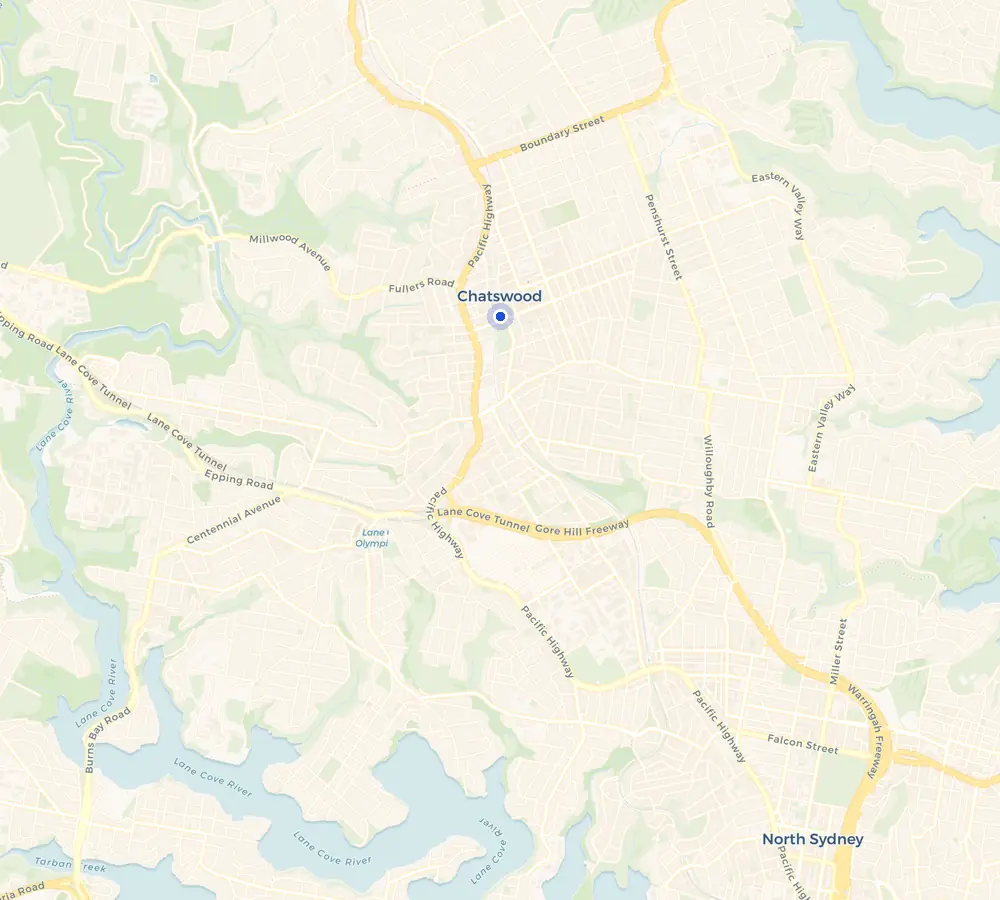 Map of the Chatswood service area and the surrounding North Shore, showing Chatswood and the nearby streets we cover.