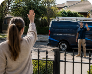 Customer waving goodbye to a Chatswood Blocked Drains plumber